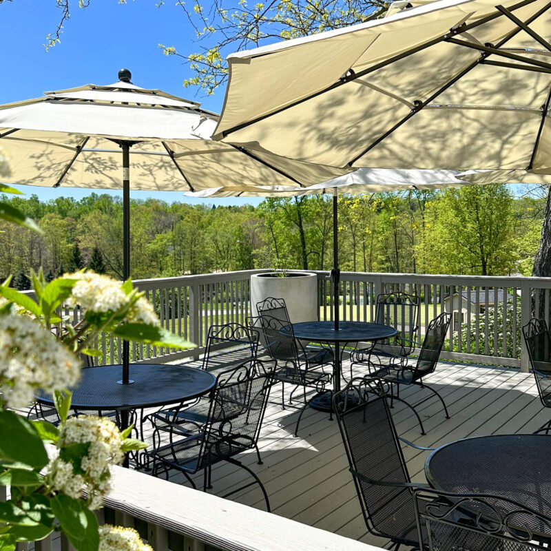 Outdoor eating area overlooking the Tanglewood Golf Course