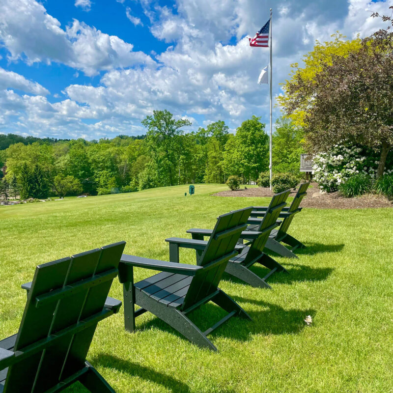 Adirondack chairs overlooking the Tanglewood Golf Course
